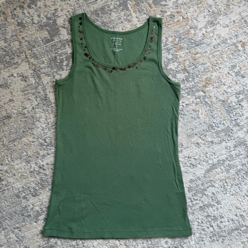 y2k fairycore indie boho cotton green ribbed tank top with bronze beading small